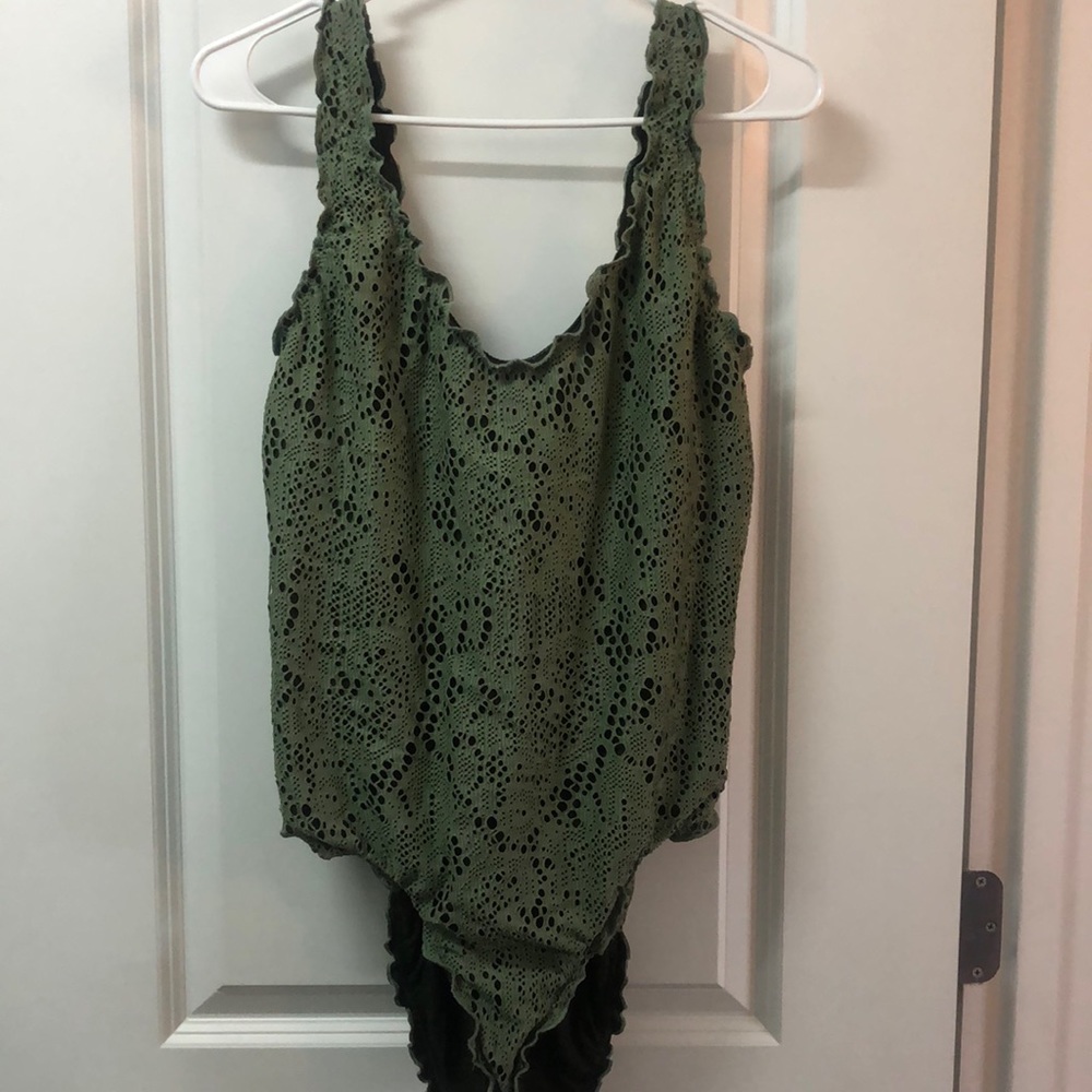 Olive green one piece swimsuit.